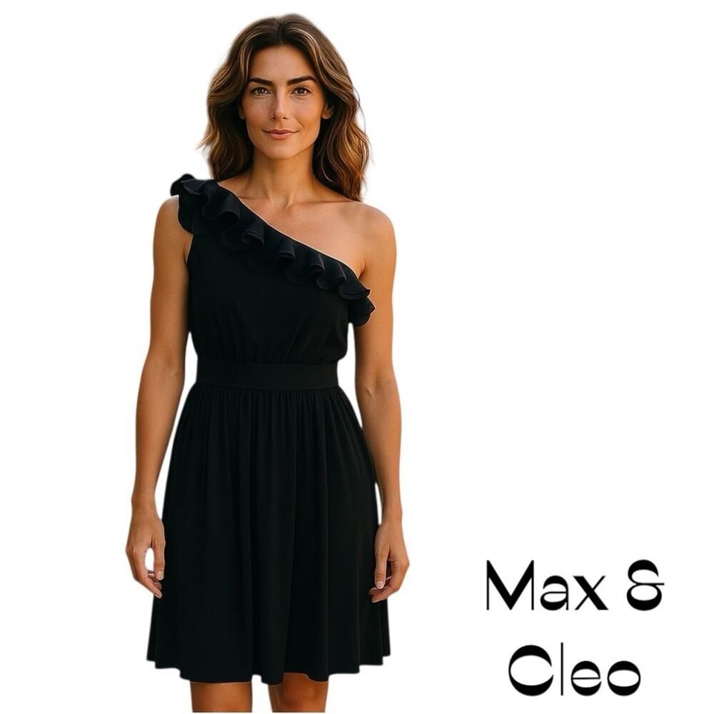 Max And Cleo Black One Shoulder Ruffled Pleated Dress NWOT Size 6